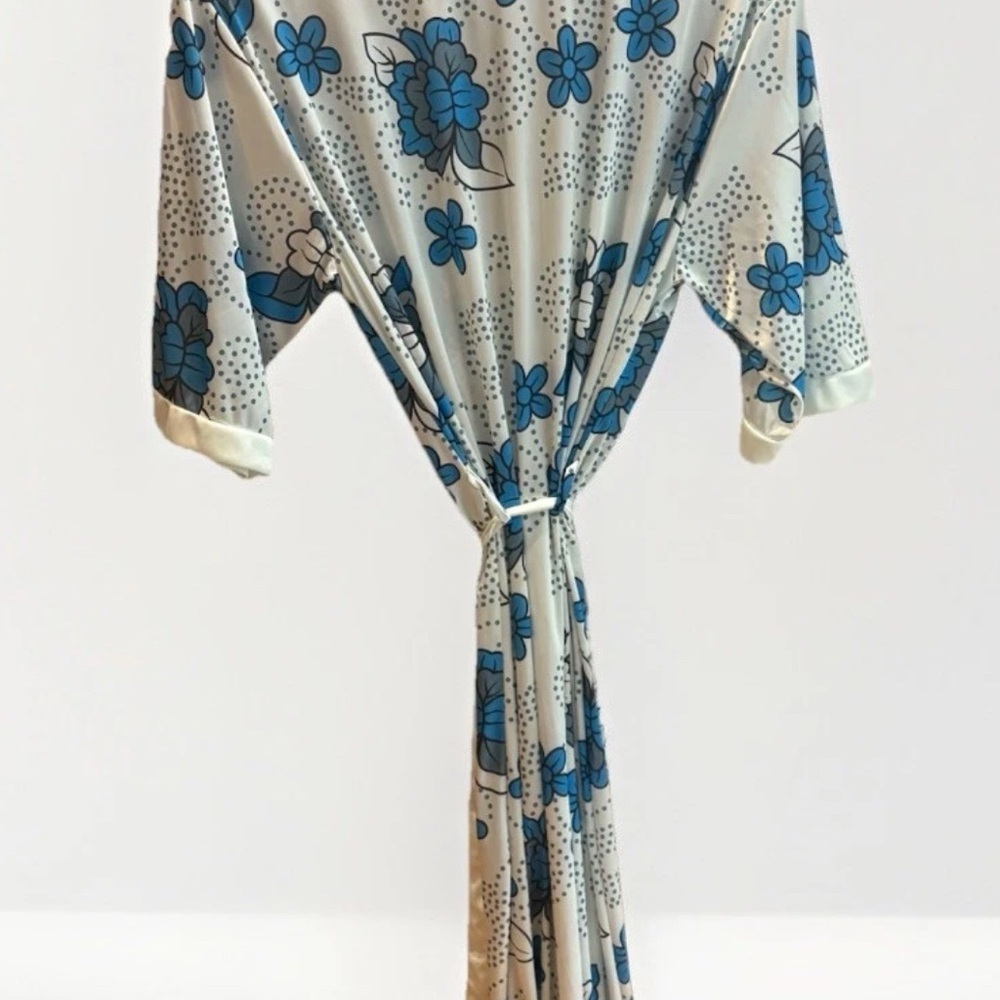 Sindrella VTG Style Luxe Blue Retro Floral Satin Robe Kimono Wrap XL - Picture 7 of 7
